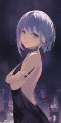 1girl :p airool arched_back backless_dress backless_outfit bang_dream! bang_dream!_it&#039;s_mygo!!!!! bare_back bare_shoulders between_fingers black_dress building chinese_commentary cityscape commentary_request cosmetics crossed_arms dress earrings fingernails halter_dress halterneck highres holding holding_lipstick_tube jewelry lipstick_tube long_fingernails looking_at_viewer looking_to_the_side night night_sky purple_eyes purple_hair short_hair sky solo swept_bangs tongue tongue_out upper_body yuutenji_nyamu