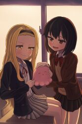 1other 2girls alien animal black_hair black_hairband black_jacket black_skirt blonde_hair bow bowtie brown_eyes brown_jacket brown_vest collared_shirt desk goachi grey_skirt hairband highres holding holding_animal jacket kirarazaka_marina kuze_shizuka long_hair long_sleeves looking_at_another medium_skirt miniskirt multiple_girls neck_ribbon octopus on_desk open_clothes open_jacket open_mouth pleated_skirt red_bow red_bowtie red_ribbon ribbon school_desk school_uniform shirt short_hair sitting skirt standing takopii takopii_no_genzai vest warm_colored white_shirt window yellow_eyes