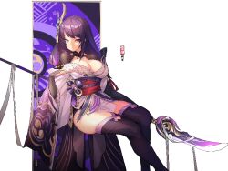 1girl abstract_background animal animal_on_hand armor asymmetrical_sleeves bird bird_on_hand black_thighhighs blunt_bangs braid breasts bridal_gauntlets chinese_commentary cleavage closed_mouth clothing_cutout floating from_side genshin_impact hair_ornament hand_up holding holding_polearm holding_weapon japanese_clothes kimono large_breasts leaning_back long_braid long_hair looking_down looking_to_the_side mitsudomoe_(shape) mole mole_under_eye multicolored_background multicolored_hair neck_ribbon off_shoulder polearm purple_eyes purple_hair purple_kimono raiden_shogun red_ribbon red_sash ribbon sash shade shoulder_armor shoulder_cutout single_braid solo streaked_hair swept_bangs thick_thighs thighhighs thighs tomoe_(symbol) uneven_sleeves weapon white_background wide_sleeves wu-qiao