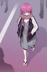1girl bocchi_the_rock! braid commentary_request dress flat_chest full_body geta highres hiroi_kikuri jacket long_hair looking_at_viewer open_clothes open_jacket purple_eyes purple_hair scarf solo_focus tamaoki_benkyou walking