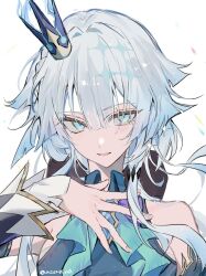 1girl azero_a0 blue_dress blue_eyes blue_hair cerydra_(honkai:_star_rail) crown detached_sleeves dress hashtag-only_commentary highres honkai:_star_rail honkai_(series) mini_crown parted_lips simple_background solo twitter_username upper_body white_background
