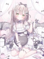 1girl animal_ears bare_shoulders belt black_belt black_bow black_ribbon black_shoes bow box brown_hair buttons cat_ears cat_girl cat_tail center-flap_bangs center_frills closed_mouth commentary_request cosmetics curtains detached_sleeves double-parted_bangs dress frilled_dress frilled_pillow frilled_socks frilled_wrist_cuffs frills full_body gift gift_box green_eyes hair_bow hair_ornament hairpin hand_up heart heart-shaped_pillow heart_ribbon highres indoors lap_pillow lipstick_tube long_hair looking_at_viewer mirror multiple_hair_bows multiple_hairpins omochi_monaka on_bed original paw_pose pillow polka_dot puffy_short_sleeves puffy_sleeves ribbon shoes short_sleeves sidelocks sitting socks solo tail tail_bow tail_ornament thigh_strap very_long_hair watermark white_dress white_socks white_wrist_cuffs wrist_cuffs yokozuwari