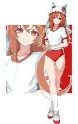 1girl alternate_costume animal_ears blush breasts brown_hair buruma commentary ear_covers enukee full_body gym_uniform highres horse_ears horse_girl looking_at_viewer red_eyes socks solo standing still_in_love_(umamusume) umamusume veil white_background white_socks
