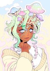 Rule 34 | 1girl, @ @, blue background, blue bow, blue eyes, blue sky, bow, cloud, collar, collared shirt, colored tips, dark skin, dripping, english text, freckles, frilled collar, frills, frown, fungi, ghoulkiss, gradient outline, green hair, green nails, growing out of body, hand on own chin, heart, highres, looking at viewer, monster girl, multicolored hair, mushroom, original, outline, pastel colors, pink bow, pink outline, pink trim, polka dot, polka dot background, purple bow, shirt, sky, sweater, white outline, white shirt, yellow background, yellow sweater