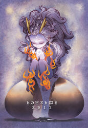 1girl 2012 antlers closed_eyes completely_nude eggshell floating grey_hair hatching horns janome_gochou long_hair nude orb original pointy_ears smile solo