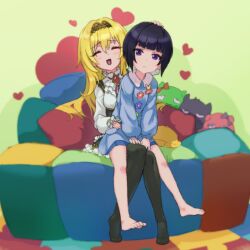 2girls aged_down bare_legs barefoot black_hair black_hairband black_pantyhose black_skirt blonde_hair blue_shirt blue_skirt blurry blurry_background bob_cut breasts buttons closed_eyes closed_mouth couch cushion eyelashes fang frilled_shirt frilled_skirt frilled_sleeves frills green_background hair_between_eyes hairband hand_on_another&#039;s_head hand_on_another&#039;s_hip heart idolmaster idolmaster_cinderella_girls kindergarten_uniform kurosaki_chitose long_hair long_sleeves looking_at_viewer medium_breasts multiple_girls name_tag no_shoes open_mouth pantyhose pina_korata purple_eyes reiesu_(reis) shirayuki_chiyo shirt short_hair sidelocks sitting sitting_on_lap sitting_on_person skin_fang skirt smile v-shaped_eyebrows white_shirt