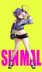 Rule 34 | 1girl, absurdres, ahoge, bag, benghuai xueyuan, black shorts, breasts, character name, closed mouth, earrings, eyewear on head, grey sweater, heterochromia, highres, honkai (series), jewelry, long sleeves, micro shorts, midriff, multicolored hair, nail polish, navel, pink hair, purple eyes, purple hair, purple nails, sandals, short hair, shorts, shoulder bag, sin mal, sin mal0909, small breasts, smile, stomach, sunglasses, sweater, toenail polish, toenails, toes, two-tone hair, yellow background, yellow eyes