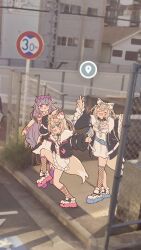 Rule 34 | 3girls, absurdres, animal ear fluff, animal ears, bandaid, bandaid hair ornament, belt, black collar, blonde hair, blue eyes, blue hair, blush, breasts, chain-link fence, chest jewel, circlet, closed eyes, collar, colored inner animal ears, colored inner hair, dog ears, dog girl, dog tail, dress, face jewel, fang, fence, frilled shorts, frills, fuwawa abyssgard, gem, gem hair ornament, google maps, google street view, grey hair, hair ornament, hairband, hand jewel, headband, headphones, headphones around neck, high school girls posing for google street view (meme), highres, hololive, hololive english, horn hairband, jewel under eye, koseki bijou, kukie-nyan, large breasts, long hair, looking at viewer, meme, mococo abyssgard, multicolored hair, multiple girls, open mouth, photo background, pink belt, pink brooch, pink hair, pink hairband, pink headband, purple eyes, purple gemstone, purple hair, raised curb, road sign, shorts, siblings, sidewalk, sign, sisters, skin fang, smile, streaked hair, tactile paving, tail, twins, v, very long hair, virtual youtuber, white dress, x hair ornament