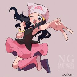 1girl ;d armpits beanie black_shirt blue_hair boots bracelet dawn_(pokemon) full_body grey_background grey_eyes hat highres jewelry jumping long_hair looking_at_viewer nintendo one_eye_closed open_mouth pink_boots pink_skirt pokemon pokemon_dppt rubber_boots sandora_(karugamo_no_e) shirt signature simple_background skirt sleeveless smile solo teeth upper_teeth_only v watermark white_hat