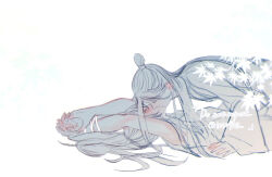 1010923 2boys arms_up bdsm blush bound bound_arms bound_wrists boy_on_top chinese_clothes closed_eyes closed_mouth french_kiss from_side hanfu holding_hands implied_sex kiss lan_wangji leaf long_hair long_sleeves lying male_focus missionary modao_zushi monochrome multiple_boys on_back ponytail robe sidelocks simple_background spot_color sweat topknot twitter_username watermark wei_wuxian white_background wide_sleeves yaoi
