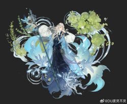 1boy absurdres algae aqua_eyes armor ascot black_background blonde_hair blue_cape blue_robe brooch cape circlet closed_mouth collared_shirt cuff_links du_ling_bu_ling duckweed expressionless faulds fish full_body hand_up harp highres holding holding_polearm holding_weapon instrument jewelry long_hair long_sleeves looking_at_viewer male_focus official_art outstretched_arm parted_bangs pauldrons polearm project_soul puffy_long_sleeves puffy_sleeves ring ripples robe shirt shoulder_armor sleeve_cuffs solo spear water watermark wavy_hair weapon weibo_watermark white_ascot white_shirt