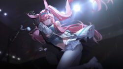 1girl absurdres animal_ears ankle_boots arknights bare_shoulders belt black_gloves black_skirt blue_hairband blush boots breasts cleavage closed_mouth electric_guitar fingerless_gloves gloves grey_eyes guitar hair_ornament hairband highres holding holding_guitar holding_instrument instrument jacket leg_up leggings long_hair long_sleeves looking_at_viewer medium_breasts microphone microphone_stand midriff miniskirt navel official_alternate_costume open_clothes open_jacket pasta_(sanyan) pink_hair pleated_skirt rabbit_ears rabbit_girl ray_(arknights) ray_(dreaming_high)_(arknights) skirt solo stage_lights standing standing_on_one_leg twintails v very_long_hair white_boots white_jacket white_leggings x_hair_ornament