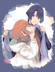 Rule 34 | 1boy, 1girl, black jacket, blue hair, blue scarf, blunt bangs, blush, bob cut, brown sweater, coat, hand to own mouth, hetero, hijirikawa masato, jacket, light smile, looking at another, mole, mole under eye, nanami haruka, orange hair, parted bangs, riku note912, scarf, shared clothes, shared scarf, short hair, steam, sweater, turtleneck, turtleneck sweater, upper body, uta no prince-sama, white coat, winter, winter clothes
