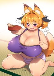 1girl animal_ear_fluff animal_ears black_ribbon blonde_hair blush breasts bright_pupils cleavage clothes_pull commission crop_top fang fanning_self gigantic_breasts hair_ribbon hand_fan huge_breasts kukeiha_(squarewave29) lips open_mouth original panties paper_fan purple_eyes purple_panties purple_shirt ribbon shirt shirt_pull short_hair short_twintails sitting skeb_commission sleeveless sleeveless_shirt solo striped_clothes striped_panties sweat sweaty_clothes tail tank_top tatami twintails underwear wariza white_background white_pupils