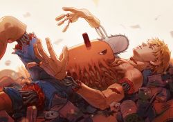 1boy blonde_hair can chainsaw chainsaw_man death decapitation denji_(chainsaw_man) drink_can healing injury looking_at_another male_focus munette mutilation pochita_(chainsaw_man) resurrection sad scar scar_on_hand scar_on_leg short_hair shorts simple_background slit_throat soda_can topless_male trash twitter_username white_background wire