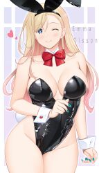 Rule 34 | 1girl, animal ear hairband, animal ears, bare legs, black leotard, blonde hair, blue eyes, blue nails, bow, bowtie, breasts, cleavage, commentary request, detached collar, fake animal ears, gradient hair, hairband, hataraki kuma, highleg, highleg leotard, highres, leotard, multicolored hair, nail polish, one eye closed, original, pink hair, playboy bunny, rabbit ears, rabbit tail, red bow, red bowtie, solo, strapless, strapless leotard, tail, wrist cuffs