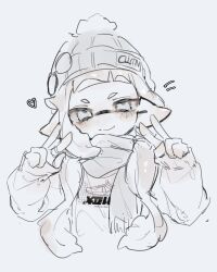 Rule 34 | 1boy, 2025, arms up, beanie, blush, brand name imitation, commentary, cropped torso, double v, hat, head tilt, heart, highres, inkling, inkling boy, inkling player character, jacket, looking at viewer, male focus, nintendo, pointy ears, s2myxn, scarf, shirt, sidelocks, simple background, sleeves past wrists, smile, solo, splatoon (series), splatoon 3, straight-on, v, white background