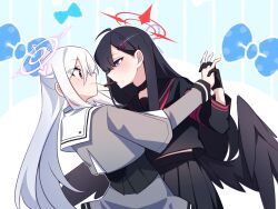 2girls black_choker black_gloves black_skirt black_wings blue_archive blue_eyes choker closed_mouth detre6969 embarrassed food_in_mouth gloves hair_between_eyes hair_ornament hairclip halo head_wings highres holding_hands ichika_(blue_archive) long_hair long_sleeves looking_at_another low_wings midriff_peek mole mole_under_eye multiple_girls orange_eyes pleated_skirt red_halo school_uniform second-party_source skirt suzumi_(blue_archive) sweatdrop unusually_open_eyes upper_body white_hair wings yuri