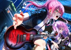 2girls aikawa_megumi alternate_costume bass_guitar black_jacket black_nails collared_shirt commentary_request concert double_bun dress_shirt dutch_angle earpiece eyes_visible_through_hair floating_hair foreshortening green_eyes guitar hair_between_eyes hair_bun hair_ribbon heaven_burns_red holding holding_instrument holding_plectrum indoors instrument jacket jpeg_artifacts kunimi_tama leaning_forward long_hair long_sleeves looking_afar multiple_girls music nail_polish noir_(nowaru) open_clothes open_jacket open_mouth pink_eyes pink_hair playing_instrument plectrum red_nails ribbon serious shirt spotlight stage standing sweat teeth textless_version tsurime upper_teeth_only v-shaped_eyebrows white_ribbon white_shirt