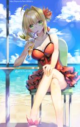 10s 1girl bad_id bad_pixiv_id bare_shoulders beach beach_umbrella blonde_hair breasts chair cleavage cloud crossed_legs cup day dress drinking drinking_glass drinking_straw fate/extra fate_(series) female_focus flower frilled_dress frills green_eyes hair_flower hair_intakes hair_ornament large_breasts long_hair nero_claudius_(fate) nero_claudius_(fate/extra) nero_claudius_(modern_costume_of_crimson)_(fate) ocean official_alternate_costume outdoors red_dress short_dress sitting slippers solo table trianon twitter_username umbrella water