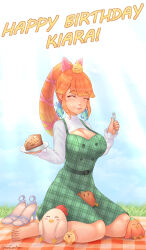1girl absurdres animal animal_on_head artist_name baby_animal barefoot bird bird_on_head blue_sky blush bow breasts cake cake_slice chick chicken cleavage closed_mouth day eating eon_sean eyelashes feet food fork full_body grass hair_bow happy_birthday high_ponytail highres holding holding_fork holding_plate hololive hololive_english large_breasts long_hair on_ground on_head orange_hair outdoors pink_bow plate ponytail sandals sidelocks sitting sky smile strappy_heels takanashi_kiara toenails toes unworn_sandals wariza white_sandals