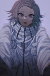 1boy absurdres aotsuki_eito blue_eyes blush glasses grey_background highres male_focus open_mouth parted_hair simple_background solo solo_focus teeth the_hundred_line_-last_defense_academy- upper_teeth_only white_hair