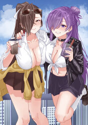 2girls absurdres breasts brown_hair bubble_tea commission dress female_shez_(fire_emblem) fire_emblem fire_emblem:_three_houses fire_emblem_fates fire_emblem_warriors:_three_hopes hair_ornament hair_over_one_eye highres kagero_(fire_emblem) large_breasts multiple_girls nintendo official_alternate_costume ponytail purple_dress purple_eyes rynn_(darknescorez) x_hair_ornament