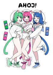 3girls :d ^_^ animal_ear_fluff animal_ears ankle_socks arched_back arm_up ass asymmetrical_bangs blue_bow blue_hair blue_neckerchief blue_shoes blue_tail blue_trim bow can cat_ears cat_girl cat_tail closed_eyes collared_shirt color-coded commentary commentary_request contrapposto covered_navel cropped_shirt curled_tail dot_nose double-parted_bangs drink_can english_commentary eyebrows_hidden_by_hair fang flat_chest flipped_hair footwear_bow german_text green_bow green_eyes green_hair green_neckerchief green_shoes green_tail green_trim grin hair_between_eyes hair_intakes hand_on_another&#039;s_hip hand_on_own_hip hands_on_own_hips happy hat hat_ribbon highres invisible_floor leg_up long_eyelashes long_sidelocks long_sleeves looking_at_viewer looking_to_the_side low_ponytail matching_outfits medium_hair mixed-language_commentary multiple_girls neckerchief old_school_swimsuit one-piece_swimsuit open_mouth original outstretched_arm outstretched_hand parted_bangs personification petite pink_bow pink_eyes pink_hair pink_neckerchief pink_shoes pink_tail pink_trim ponytail puffy_long_sleeves puffy_sleeves raised_eyebrows ribbon sailor_collar sailor_hat school_swimsuit shirt shoes short_hair short_ponytail side-by-side sidelocks simple_background single_ear_down sleeves_past_wrists slip-on_shoes smile sneakers socks soda soda_can standing standing_on_one_leg swimsuit swimsuit_under_clothes tail thick_eyelashes thighs v-shaped_eyebrows vertigris white_background white_hat white_one-piece_swimsuit white_ribbon white_sailor_collar white_shirt white_socks