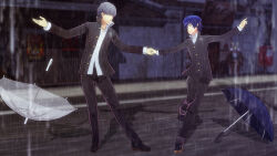 1boy 1girl 3d absurdres artist_name blue_hair blue_hat commentary commission dancing english_commentary hat highres holding_hands long_sleeves narukami_yu persona persona_4 personaparadise rain school_uniform shirogane_naoto short_hair transparent transparent_umbrella umbrella watermark white_hair yasogami_school_uniform
