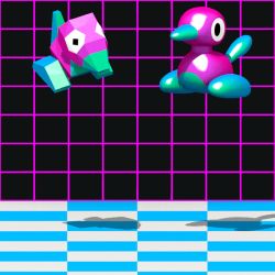 3d animal_focus animated animated_gif bird black_background black_eyes checkered_floor commentary cortoony creature english_commentary falling full_body gen_1_pokemon gen_2_pokemon looking_at_viewer nintendo physics pokemon pokemon_(creature) porygon porygon2 shadow standing