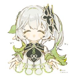 Rule 34 | 1girl, bare shoulders, detached sleeves, genshin impact, gold trim, green hair, green sleeves, hair between eyes, hair ornament, highres, leaf hair ornament, looking at viewer, multicolored hair, nahida (genshin impact), open mouth, side ponytail, sleeveless, solo, toke ino, white background, white hair