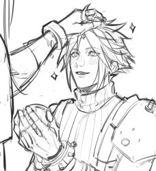 Rule 34 | 2boys, black materia, blush, cloud strife, commentary, dark persona, earrings, english commentary, final fantasy, final fantasy vii, final fantasy vii rebirth, final fantasy vii remake, gloves, greyscale, headpat, highres, holding, jewelry, looking at another, male focus, monochrome, multiple boys, open mouth, petting, sephiroth, short hair, single earring, sketch, smile, sparkle, vy7437, white background, yaoi