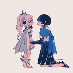 1boy 1girl 310_ill arm_at_side armlet armor artist_name bell black_bridal_gauntlets black_hair black_shorts blue_cape blue_sash blunt_ends bridal_gauntlets cape closed_mouth detached_sleeves dress eyeliner eyeshadow from_side genshin_impact green_cape green_sleeves grey_eyes hair_ornament hakama hakama_shorts half_crown_braid highres holding_another&#039;s_wrist japanese_armor japanese_clothes jewelry kneeling kote kurokote leaf leaf_hair_ornament leg_warmers long_hair looking_at_another makeup nahida_(genshin_impact) open_mouth pleated_shorts pointy_ears purple_rope red_eyeliner red_eyeshadow rope sash scaramouche_(genshin_impact) sepia short_sleeves shorts side_ponytail sidelocks sideways_mouth socks standing stirrup_footwear wanderer_(genshin_impact) white_dress white_sleeves white_socks white_trim