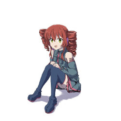 1girl bocchi_the_rock! cosplay detached_sleeves drill_hair giraffe_(user_oma0720) highres kasane_teto kasane_teto_(cosplay) kasane_teto_(utau) looking_at_viewer open_mouth red_hair shirt simple_background skirt smile solo twin_drills utau white_background