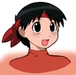 1girl azumanga_daiou bandana black_eyes black_hair blush chihiro_(azumanga_daioh) chiyo2000m happy head_only hue_shifting open_mouth red_bandana red_sweater shadow short_hair spanish_commentary sweater white_background