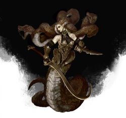 1girl absurdres armor breastplate dagger facing_viewer fingerless_gloves gloves halter_leotard halterneck highres holding holding_dagger holding_knife holding_sword holding_weapon jewelry kang_jihun_(ahelove5427) knife lamia leotard medusa_(mythology) monster_girl neck_ring sword vambraces weapon