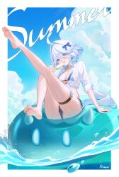 1girl ass bead_bracelet beads bikini blue_bikini blue_eyes blue_hair bracelet breasts cleavage cloud day drop-shaped_pupils english_text food full_body furina_(genshin_impact) genshin_impact hair_between_eyes heterochromia highres himari_(himari_ttc) holding holding_food holding_popsicle jewelry leg_lift leg_up long_hair looking_at_viewer medium_breasts mismatched_pupils multicolored_hair ocean outside_border panties popsicle see-through_clothes see-through_shirt shirt side-tie_bikini_bottom sitting sky slime_(genshin_impact) solo streaked_hair string_bikini swimsuit symbol-shaped_pupils thighs tongue tongue_out underwear wet white_hair white_shirt