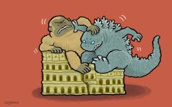 amphitheatre angry ape blue_eyes building chibi claws colosseum crossover fighting godzilla godzilla_(series) godzilla_x_kong:_the_new_empire gorilla iegamo italy kaiju king_kong king_kong_(series) legendary_pictures monsterverse no_humans no_pupils orange_background real_world_location rome_(city) ruins sharp_teeth simple_background spikes tail teeth toho yellow_eyes