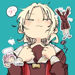 Rule 34 | ..., . ., 2girls, 524ryo, anyoji hime, aqua background, black ribbon, blonde hair, brown dress, chibi, chibi inset, closed eyes, commentary request, cropped torso, dress, dressing, fang, fang out, gradient hair, hair ribbon, hasu no sora school uniform, highres, link! like! love live!, long hair, long sleeves, love live!, monochrome, multi-tied hair, multicolored hair, multiple girls, multiple views, neckerchief, osawa rurino, outline, parted bangs, pink hair, ponytail, red neckerchief, ribbon, sailor collar, school uniform, skin fang, socks, speech bubble, translation request, undone neckerchief, virtual youtuber, white outline, white sailor collar, winter uniform