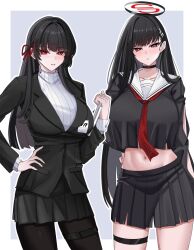 Rule 34 | 2girls, arm cutout, black choker, black hair, black jacket, black pantyhose, black ribbon, black shirt, black skirt, blue archive, blush, border, breasts, bright pupils, chisa (wuthering waves), choker, collarbone, commentary request, cosplay, costume switch, cowboy shot, crossover, hair ribbon, halo, hand on own hip, highres, holding, huge breasts, id card, jacket, large breasts, lengkuass, long hair, look-alike, looking at viewer, midriff, multiple girls, navel, neckerchief, pantyhose, parted lips, red eyes, red neckerchief, red ribbon, ribbed shirt, ribbon, rio (blue archive), sailor collar, shirt, skirt, suit jacket, thigh strap, very long hair, white border, white pupils, white sailor collar, white shirt, wuthering waves