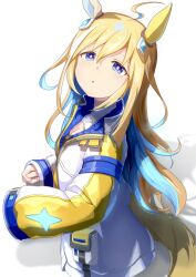 1girl :o absurdres ahoge animal_ears blonde_hair blue_eyes blue_hair breasts cleavage clothing_cutout colored_inner_hair commentary ear_covers hair_between_eyes highres horse_ears horse_girl horse_tail jacket long_hair long_sleeves looking_at_viewer looking_to_the_side looking_up medium_breasts moko39_takasora multicolored_hair neo_universe_(umamusume) parted_lips simple_background single_ear_cover sleeves_past_wrists solo tail tail_through_clothes umamusume very_long_hair white_background white_jacket