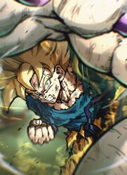 Rule 34 | 2boys, aura, blonde hair, blue shirt, clenched hand, clenched hands, clenched teeth, colored skin, dragon ball, dragonball z, final form frieza, frieza, green eyes, hashagu, highres, male focus, medium hair, missing commentary, multiple boys, orange pants, pants, punching, shirt, solo focus, son goku, spiked hair, super saiyan, super saiyan 1, teeth, white skin