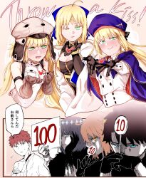 3boys 4girls ahoge artoria_caster_(fate) artoria_caster_(first_ascension)_(fate) artoria_caster_(second_ascension)_(fate) artoria_caster_(third_ascension)_(fate) artoria_pendragon_(fate) bare_shoulders black_fur black_gloves black_hair black_ribbon blonde_hair blue_bow blue_eyes blush bow bracelet breast_pocket breasts buttons cape cloak collar diamond_(shape) dress elbow_gloves emiya_shirou fate/grand_order fate_(series) fujimaru_ritsuka_(female) fujimaru_ritsuka_(male) fur_hat fur_trim gloves green_eyes grey_hair hair_between_eyes hair_bow hat highres jewelry kirikirisamurai long_hair long_sleeves multiple_boys multiple_girls oberon_(fate) one_eye_closed open_mouth orange_eyes orange_hair ornament pocket purple_bow ribbon senji_muramasa_(fate) shirt short_hair skirt small_breasts teeth translated twintails ushanka vest white_cape white_dress white_shirt white_skirt white_vest