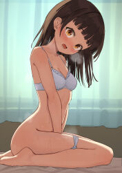 1girl absurdres blush breasts brown_eyes brown_hair caught cleavage eyebrows_hidden_by_hair female_masturbation from_side full-face_blush full_body heavy_breathing highres itsuki_nofuji looking_at_viewer lower_teeth_only masturbation medium_breasts medium_hair on_bed open_mouth original panties panty_pull sitting solo steaming_body sweat teeth underwear underwear_only wariza