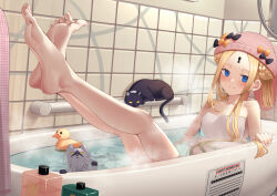 1girl abigail_williams_(fate) bare_shoulders barefoot bathing bathtub black_bow blue_eyes blush bow breasts cat fate/grand_order fate_(series) feet forehead highres keyhole legs long_hair looking_at_viewer orange_bow parted_bangs shiro_ami small_breasts smile