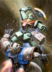 Rule 34 | absurdres, assault visor, axe, battle, commentary request, damaged, earth federation, exhaust, finger cannon, firing, gm (mobile suit), green visor, gundam, heat hawk, highres, holding, holding axe, holding weapon, mecha, mecha focus, mobile suit, mobile suit gundam, no humans, psycommu zaku high mobility type, radio antenna, robot, science fiction, thrusters, weapon, youkoumori, zeon