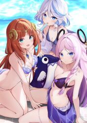 Rule 34 | 3girls, alternate costume, bare shoulders, bikini, blue eyes, blue hair, blush, braid, breasts, citlali (genshin impact), cleavage, closed mouth, facial mark, fake horns, food, furina (genshin impact), genshin impact, green eyes, grey hair, hair between eyes, highres, holding, holding food, holding popsicle, horns, hyurasan, long hair, looking at viewer, medium breasts, multicolored hair, multiple girls, navel, nilou (genshin impact), open mouth, pink hair, pink pupils, popsicle, purple bikini, red hair, smile, stomach, streaked hair, swimsuit, tongue, tongue out, triangle, triangle facial mark, white bikini