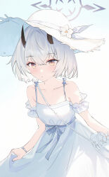 1girl absurdres armband bag bare_shoulders black_horns blue_archive collarbone demon_horns dress flower_hat frilled_armband frills grey_halo halo hat highres horns looking_at_viewer official_alternate_costume official_alternate_hairstyle sena_(blue_archive) sena_(casual)_(blue_archive) short_hair shoulder_bag solo sun_hat sundress usagi_(786113654) white_armband white_dress white_hair yellow_eyes