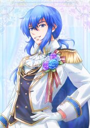 Rule 34 | 1boy, ascot, black vest, blue background, blue eyes, blue flower, blue hair, blue sleeve cuffs, buttons, chain, collared shirt, cowboy shot, double-breasted, epaulettes, fire emblem, fire emblem: genealogy of the holy war, fire emblem heroes, flower, gold chain, groom, hair between eyes, hair ribbon, highres, inset border, jacket, lace background, long hair, long sleeves, looking at viewer, low ponytail, male focus, nintendo, official alternate costume, open mouth, pants, ponytail, purple flower, red ribbon, ribbon, seliph (fire emblem), seliph (light&#039;s legacy) (fire emblem), shirt, sidelocks, solo, twitter username, v-shaped eyebrows, vest, wai power, white ascot, white flower, white jacket, white pants, white ribbon, white shirt