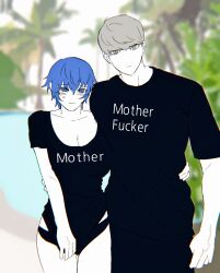 Rule 34 | 1boy, 1girl, blue hair, blush, couple, english text, highres, narukami yu, neukpu, palm leaf, palm tree, persona, persona 4, persona 4 the golden, pool, shirogane naoto, shirt, short hair, sketch, tree, white hair